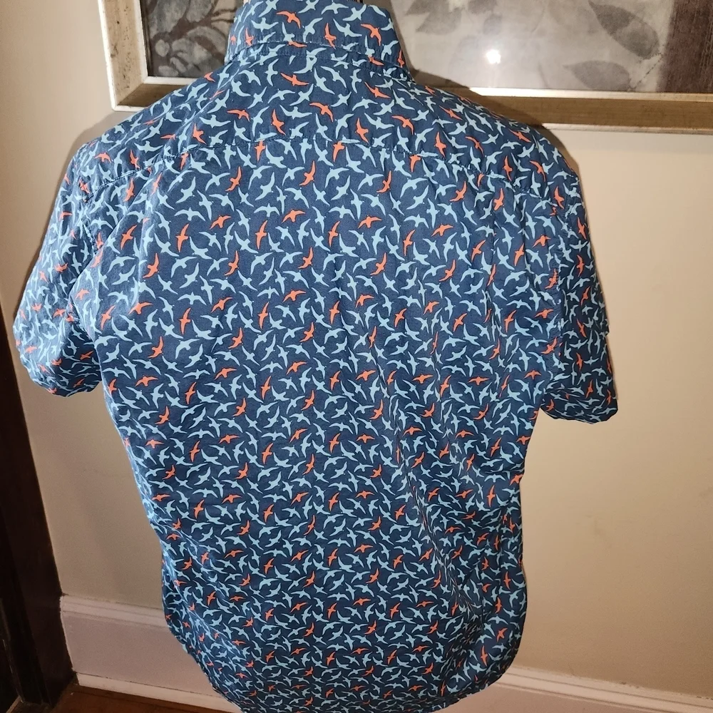 J. Crew Blue and Orange Bird Pattern Shirt